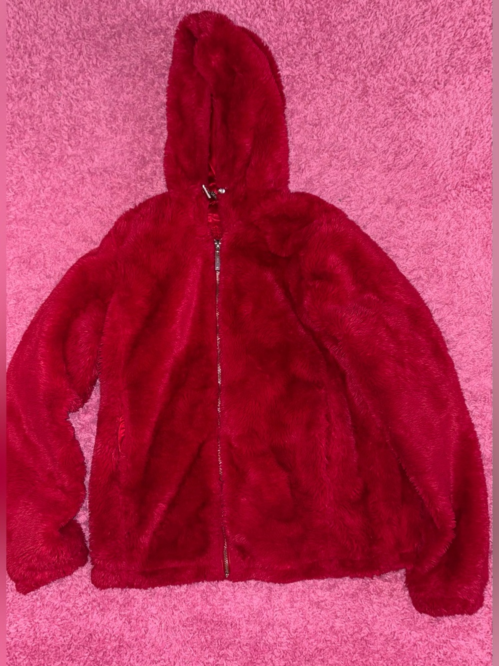 Red Faux Fur Zip Up Hooded Coat